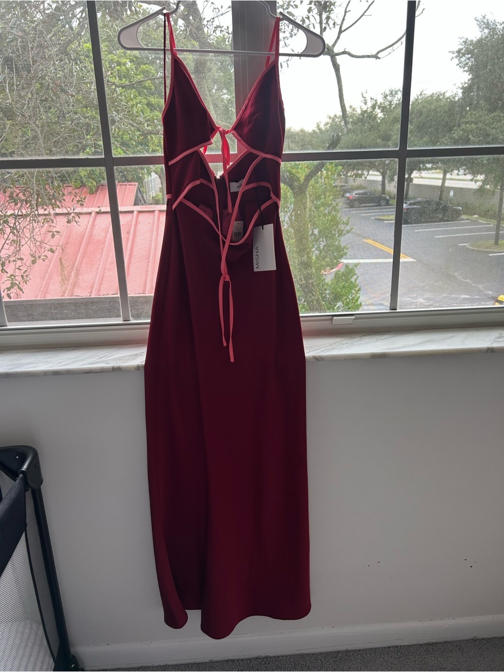 NWT Misha Spaghetti-Strap Burgundy Cutout Maxi Dress with Pink Trim - Picture 3 of 6